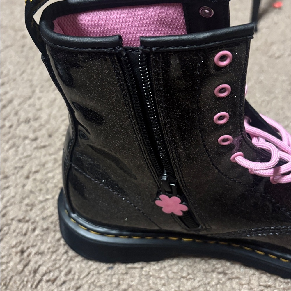 Dr. Martens Glittery Black Boots with Pink and Green Floral Accents - Picture 3 of 4